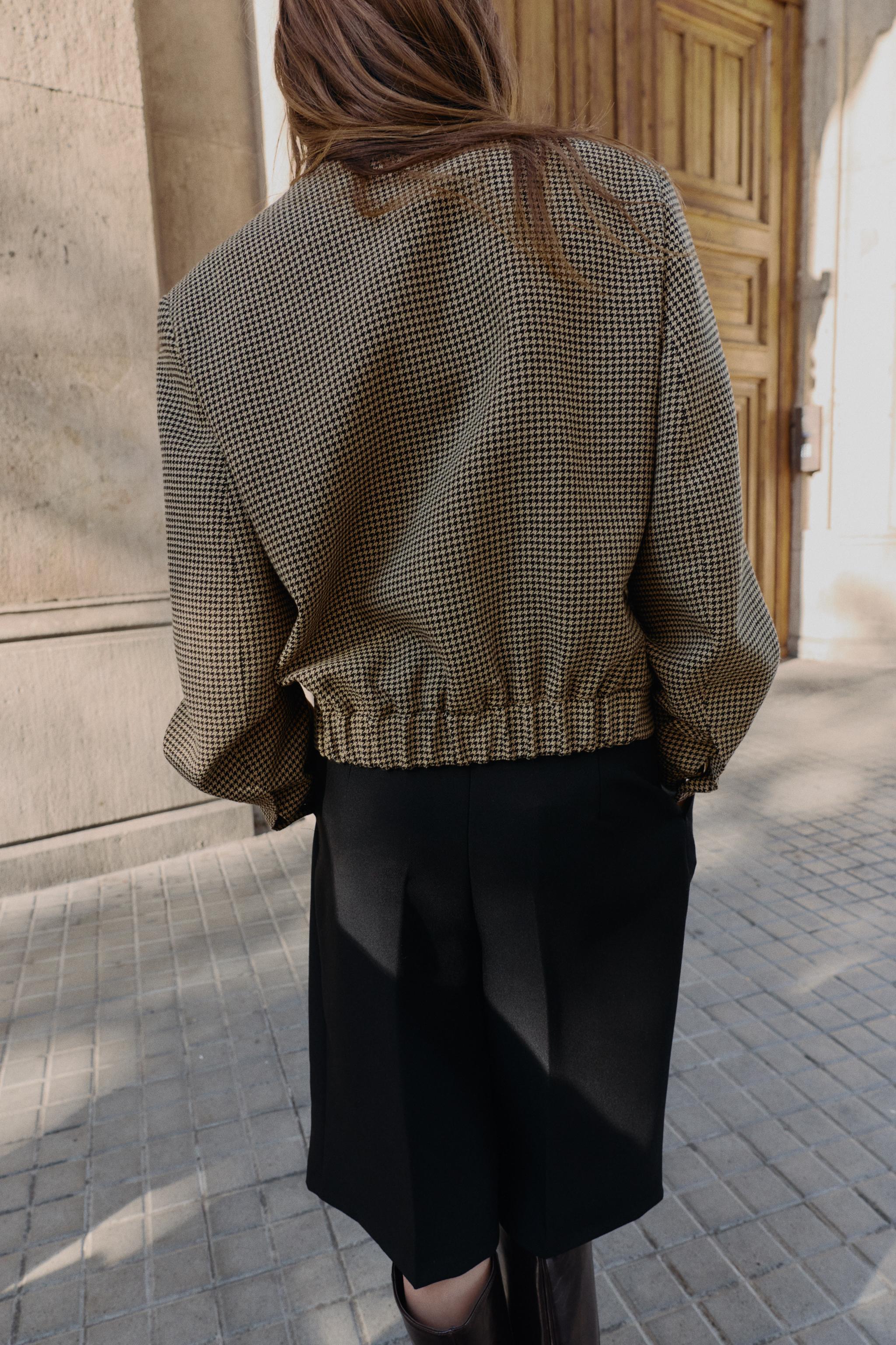 HOUNDSTOOTH BOMBER JACKET WITH SHOULDER PADS